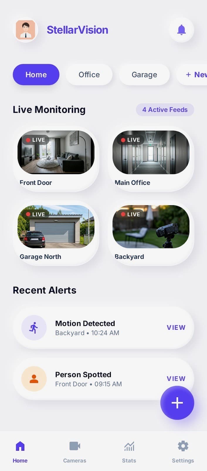StellarVision home dashboard showing four live camera feeds